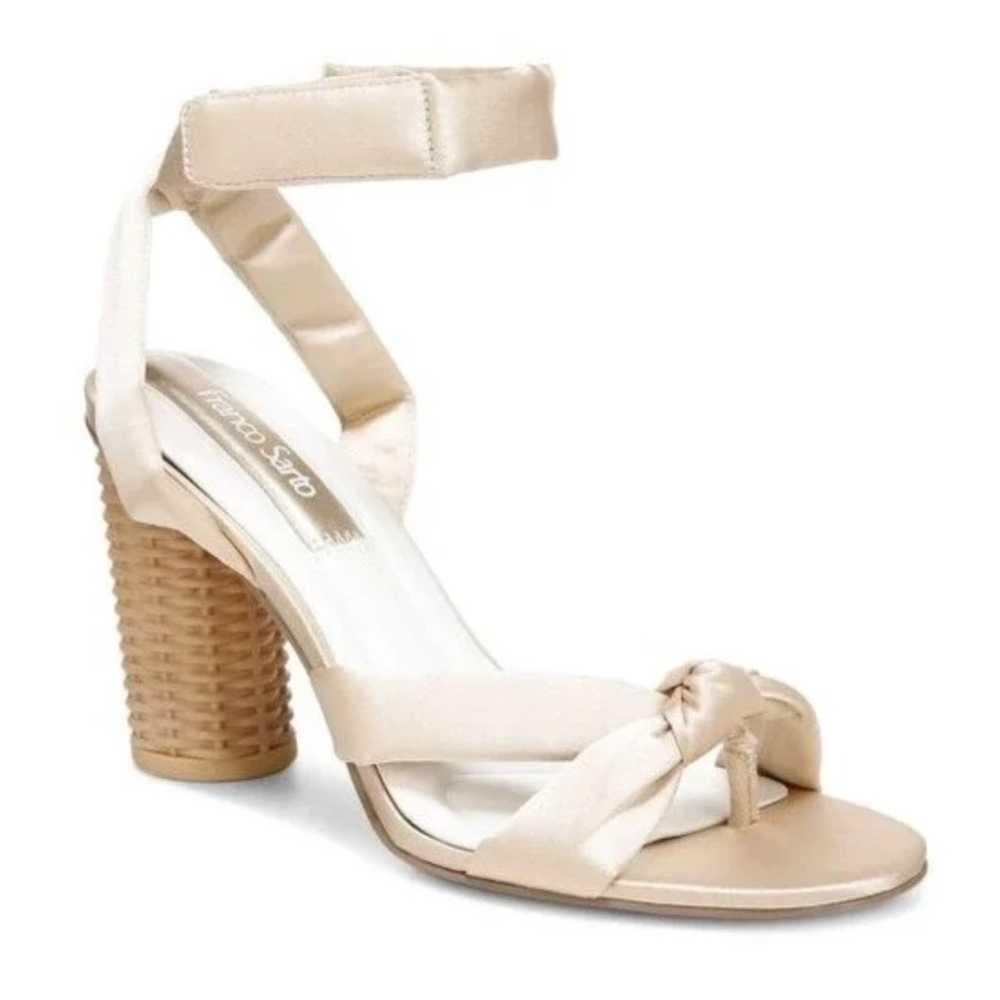 Franco Sarto Oma Satin Sandals Women 9 Champagne Basketweave Block Heel - Picture 2 of 9